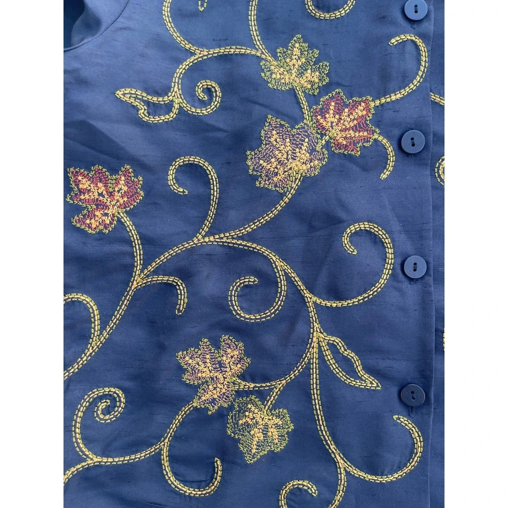 SLB Womens Navy Blue 100% Silk Embroidered Leaf Button Front Jacket Size 10